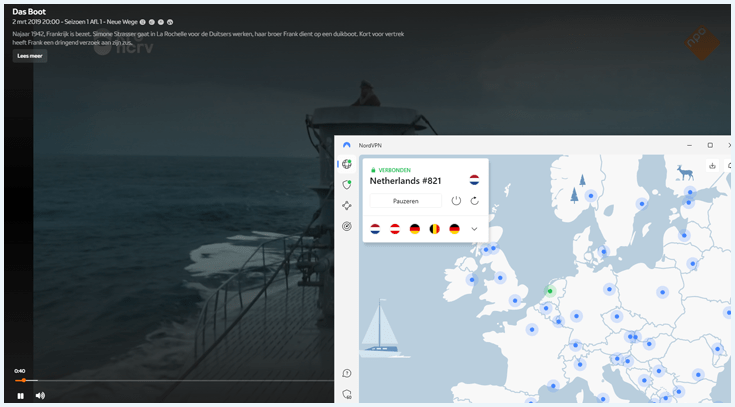 Stream van de serie Das Boot bij NPO Plus met NordVPN op de voorgrond