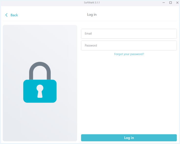 Screenshot van de inlogpagina van de Surfshark-app, waar je je e-mailadres en wachtwoord kunt invoeren