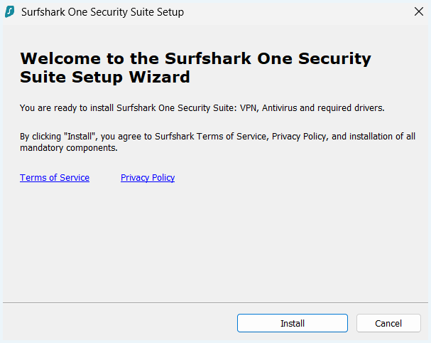 Screenshot van de installatiewizard van Surfshark die je welkom heet en waarbij je op installeren moet klikken