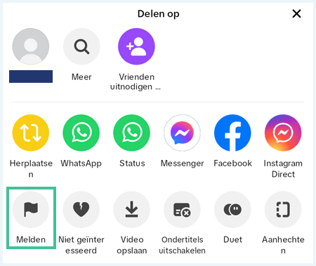 TikTok-menu met de mogelijkheid om een TikTok-video te melden