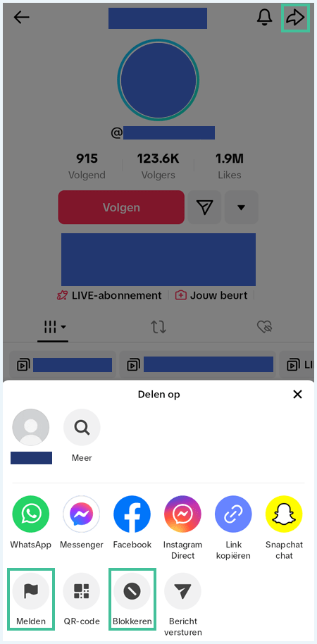 TikTok-menu met de mogelijkheid om een persoon te melden of te blokkeren