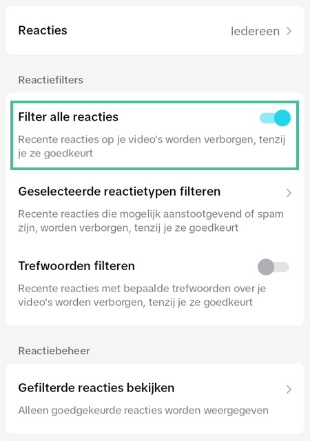 TikTok-menu met de optie om reacties te filteren