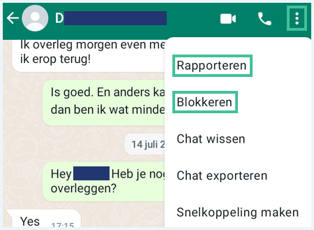 WhatsApp-menu met de mogelijkheid om een persoon te rapporteren of te blokkeren