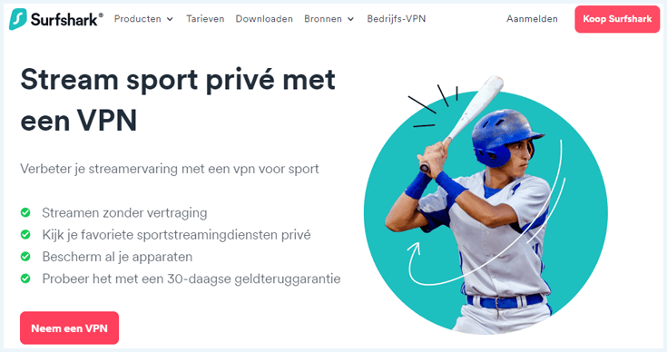 Pagina op de Surfshark website over het live streamen van sport met Surfshark