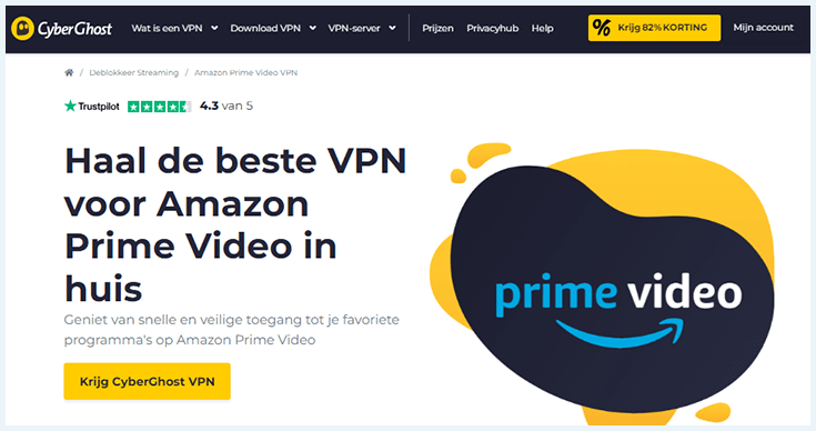 Pagina van CyberGhost met informatie over Amazon Prime