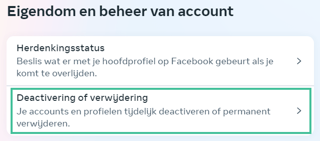 Facebook scherm waar je kunt kiezen voor deactivering of verwijdering