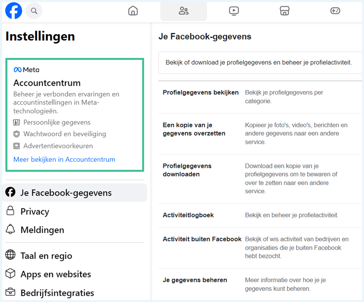 Facebook scherm van accountcentrum