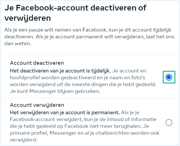 Facebook scherm waar je kunt kiezen om account te deactiveren