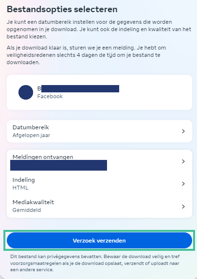 Facebook scherm waar je download-verzoek kunt verzenden