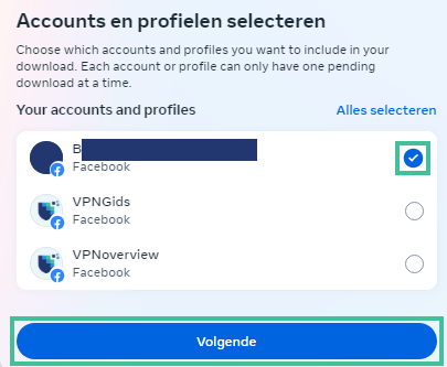 Facebook scherm waar je profiel kunt kiezen dat je wilt downloaden