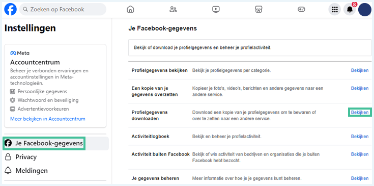 Facebook-scherm met je Facebook-gegevens