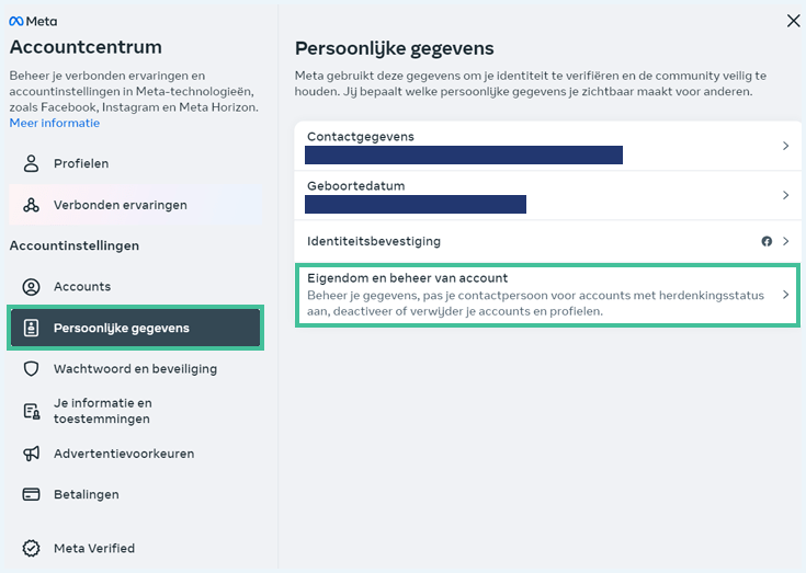 Facebook scherm waar je persoonlijke gegevens staan