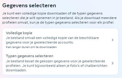 Facebook scherm waar je kunt kiezen voor volledige kopie of typen gegevens downloaden