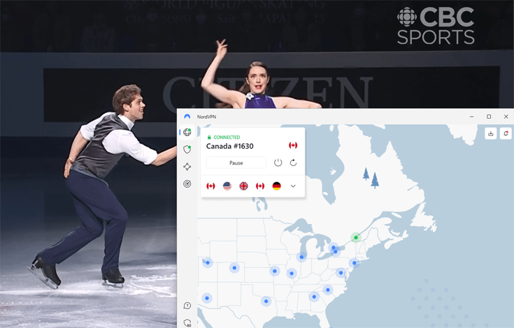 Uitzending van het ISU WK kunstschaatsen op CBC Sports met de app van NordVPN rechtsonder in beeld