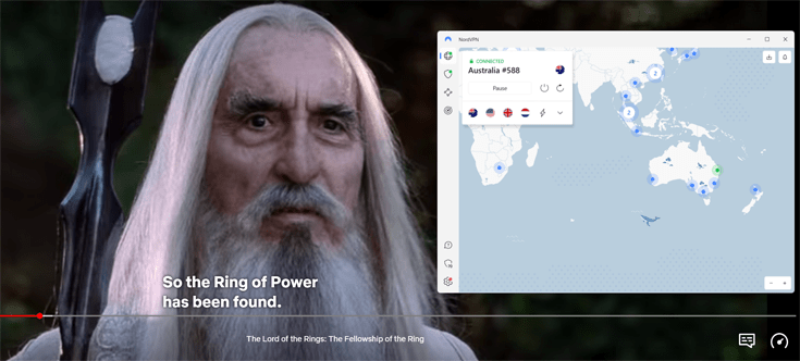 Screenshot van de film The Fellowship of the Ring die streamt op Netflix met daarbij NordVPN die verbonden is met een Australische server