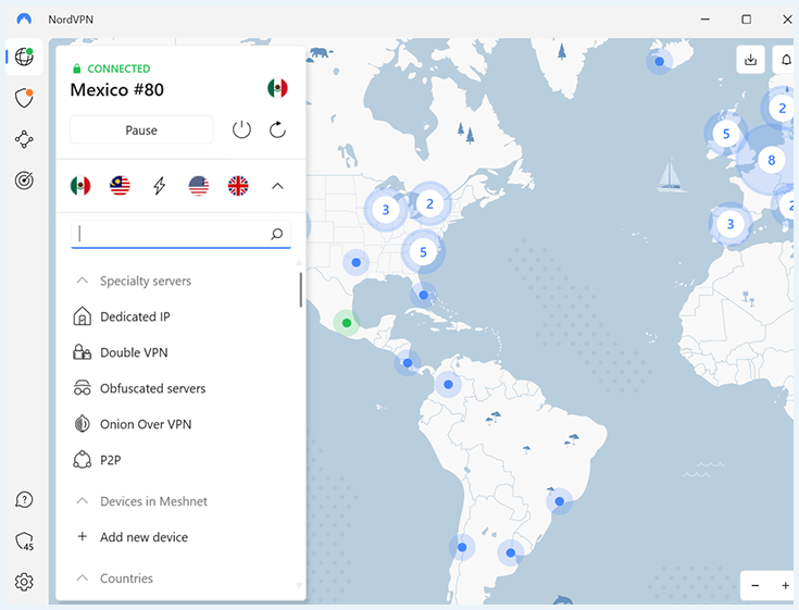Screenshot van NordVPN-app verbonden met server in Mexico