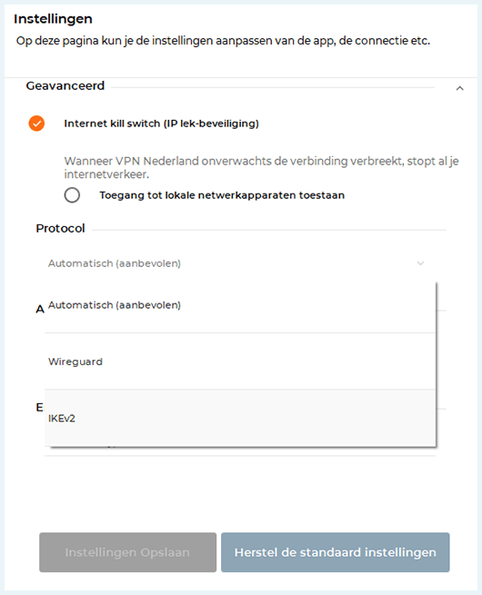 Screenshot van de instellingen in de VPN Nederland-app met protocollen uitgeklapt