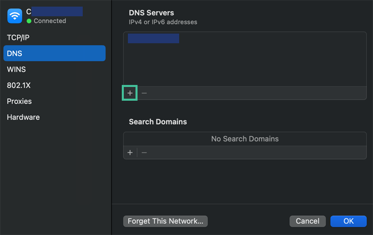 Scherm met Mac-instellingen waar je een IP-adres voor nieuwe server kunt toevoegen