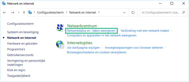 Scherm met informatie over netwerk en internet van je computer