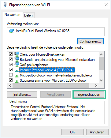 Scherm met wifi-eigenschappen waar je internet protocol versie 4 kunt selecteren