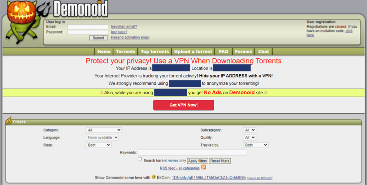 Homepage van Demonoid met inlogscherm en zoekfunctie