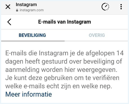 Screenshot van Instagram waar je kunt zien welke e-mails Instagram recent verstuurd heeft