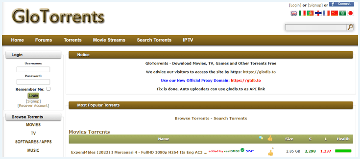 Homepage van GloTorrents
