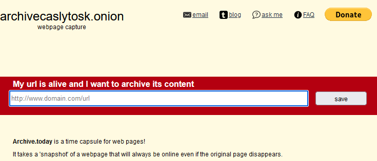 Homepage van Archive Today (dark web) met zoekbalk om url's te archiveren