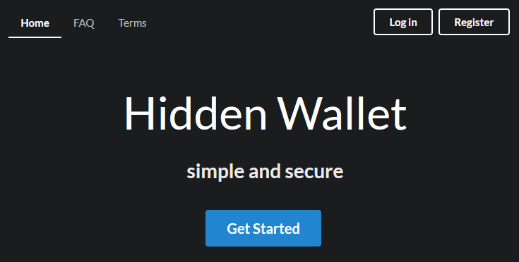 Homepage van de Hidden Wallet met start-knop