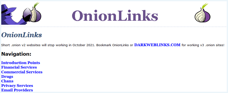 Homepage van OnionLinks met opsomming van links