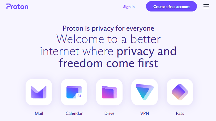 Homepage van Proton met een overzicht van de verschillende diensten (Mail, Calendar, Drive, VPN, Pass)