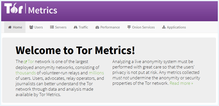 Hoempage van Tor Metrics met menu en welkomstbericht