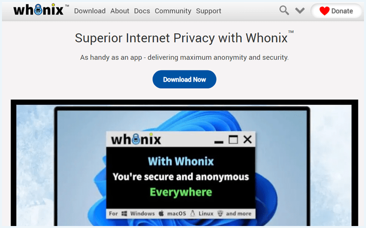 Screenshot van de homepage van Whonix