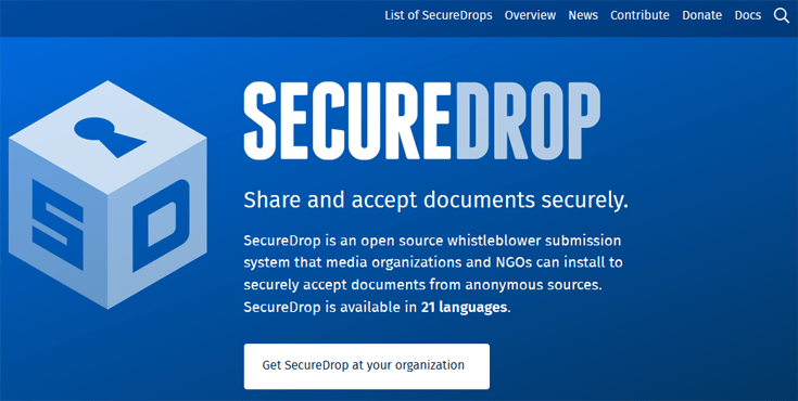 Homepage van SecureDrop met downloadknop