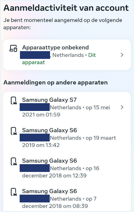 Instagram-scherm waar aanmeldactiviteit van het account te zien is