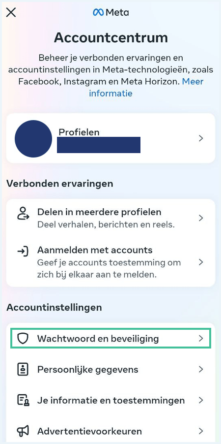 Screenshot van accountcentrum Instagram waar je wachtwoord en beveiliging in kunt stellen