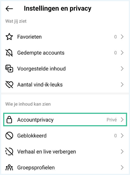 Screenshot instellingen Instagram voor accountprivacy