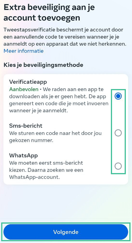 Screenshot van Instagram waar je beveiligingsmethode voor tweestapsverificatie kunt selecteren