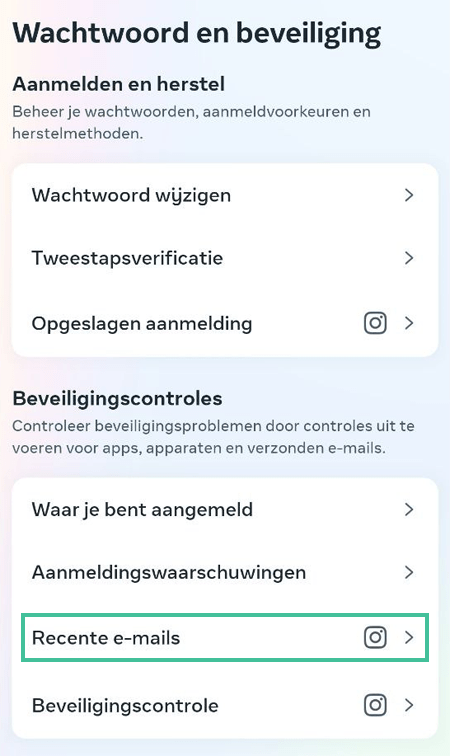 Screenshot van Instagram waar je recente e-mails kunt selecteren
