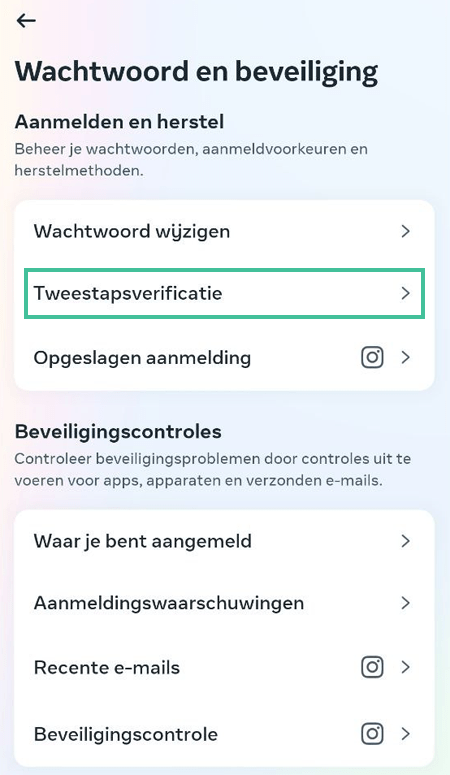 Screenshot van scherm Instagram waar je tweestapsverificatie in kunt stellen