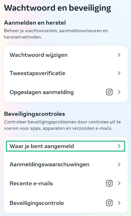 Instagram scherm waar je kunt klikken om te zien waar je bent aangemeld