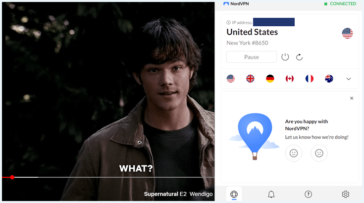 NordVPN verbonden met server Verenigde Staten en serie Supernatural op Netflix USA