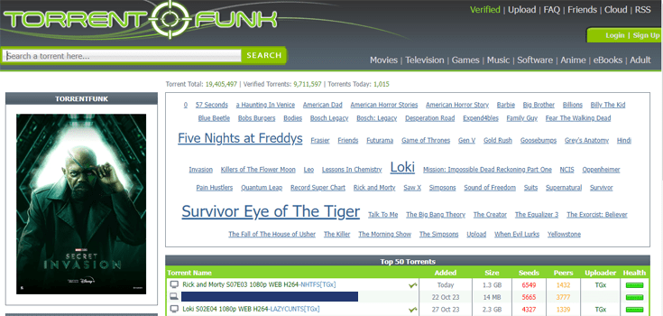 Homepage TorrentFunk met zoekbalk en woordwolk met suggesties