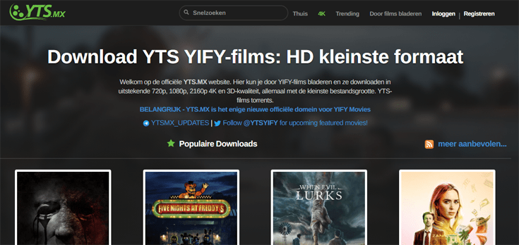 Homepage YTS met zoekbalk en overzicht van films