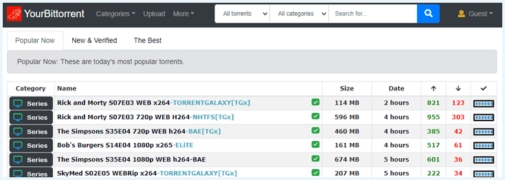 Homepage YourBittorrent met zoekbalk en overzicht van downloads