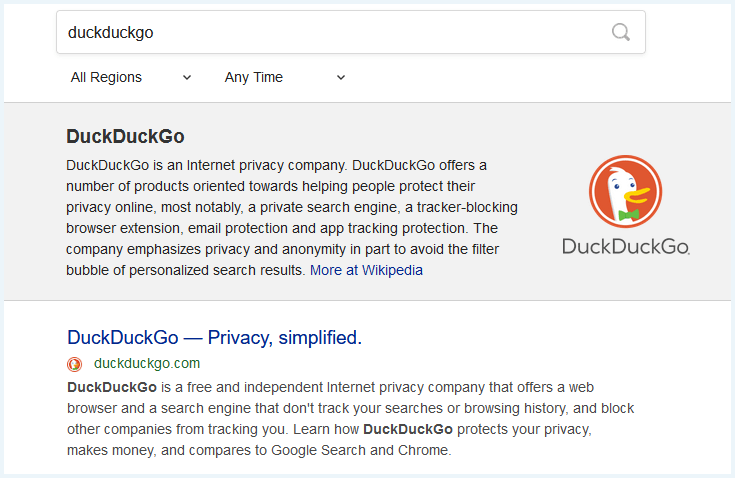 DuckDuckGo in de zoekresultaten van DuckDuckGo
