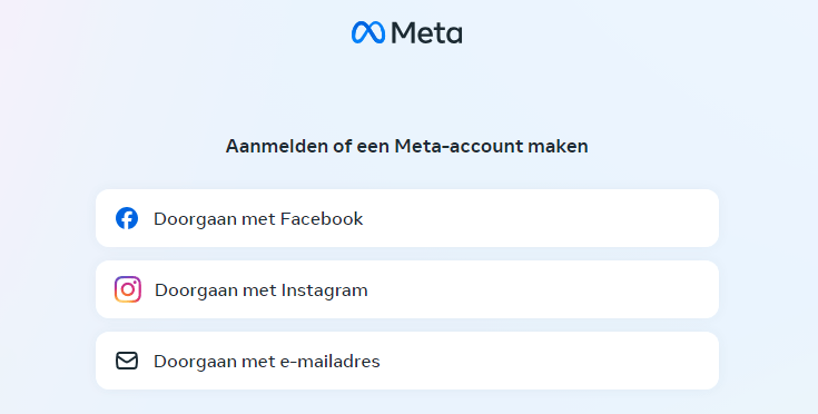 Scherm waarop je kan kiezen tussen drie aanmeldmogelijkheden: met Facebook, met Instagram of met e-mail