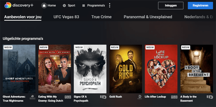 Homepage van Discovery Plus