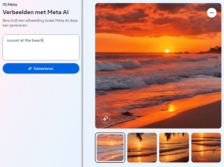 Vijf door Imagine with Meta AI gemaakte afbeeldingen van de zonsondergang