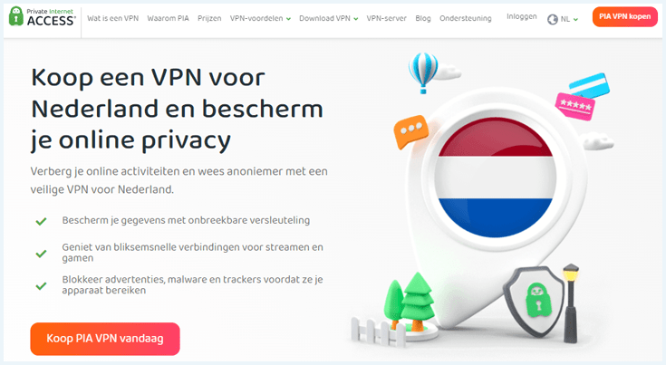 Een screenshot van de Nederlandse pagina op de PIA website